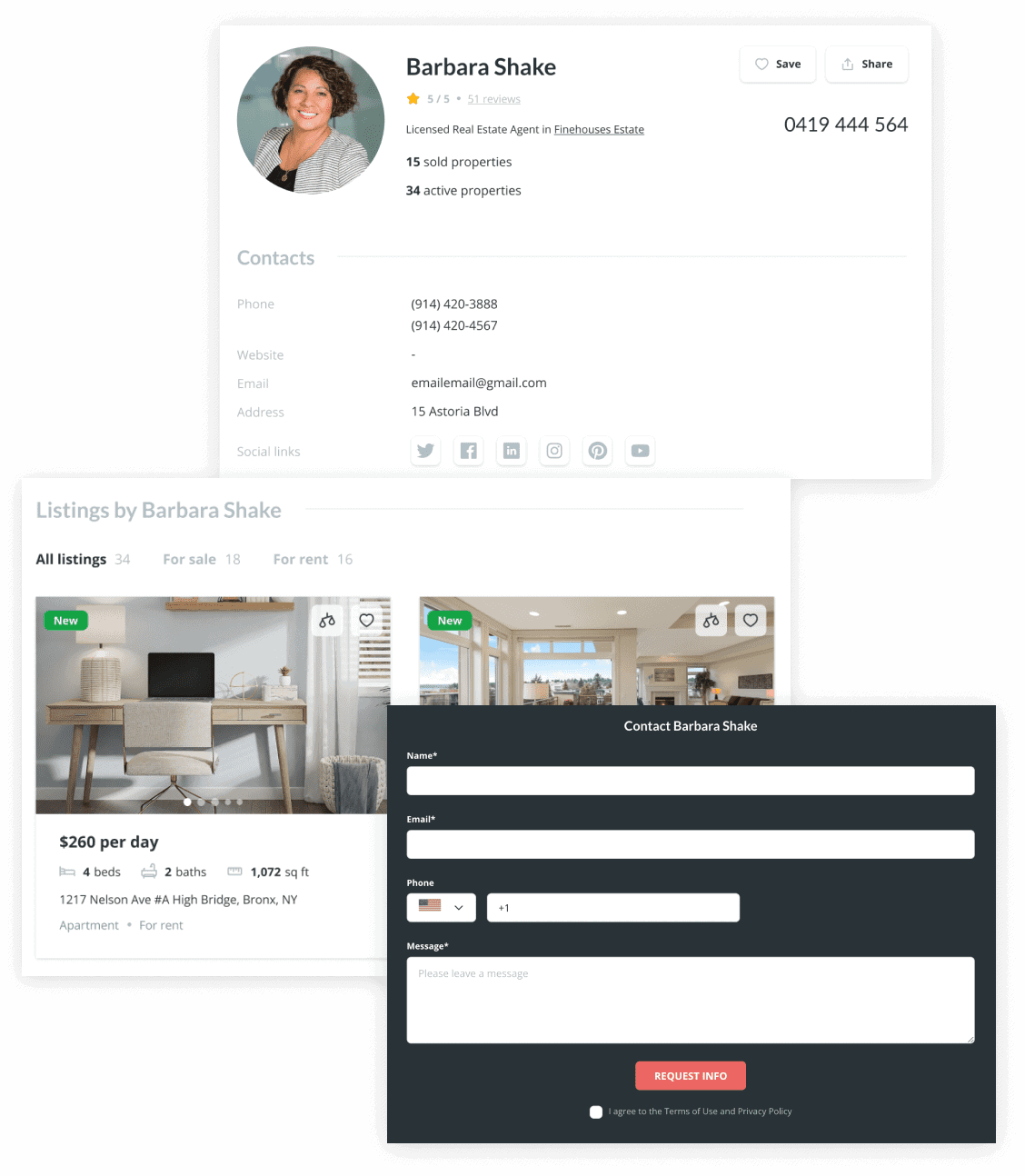 Real estate agent profile image showcasing professional headshot and contact details.