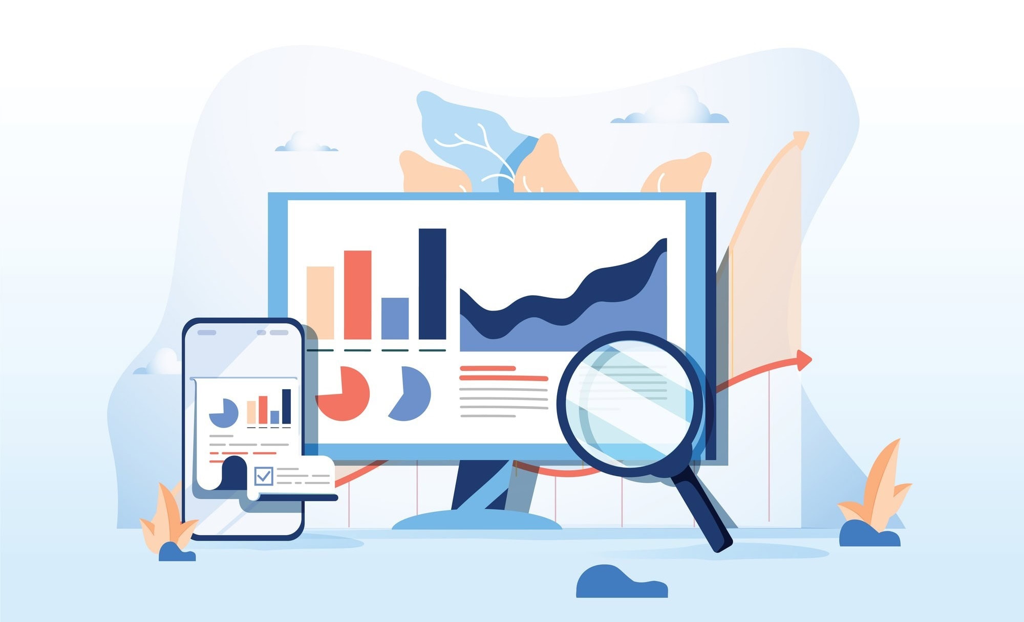 Analytical charts on desktop and mobile screens show business data insights.