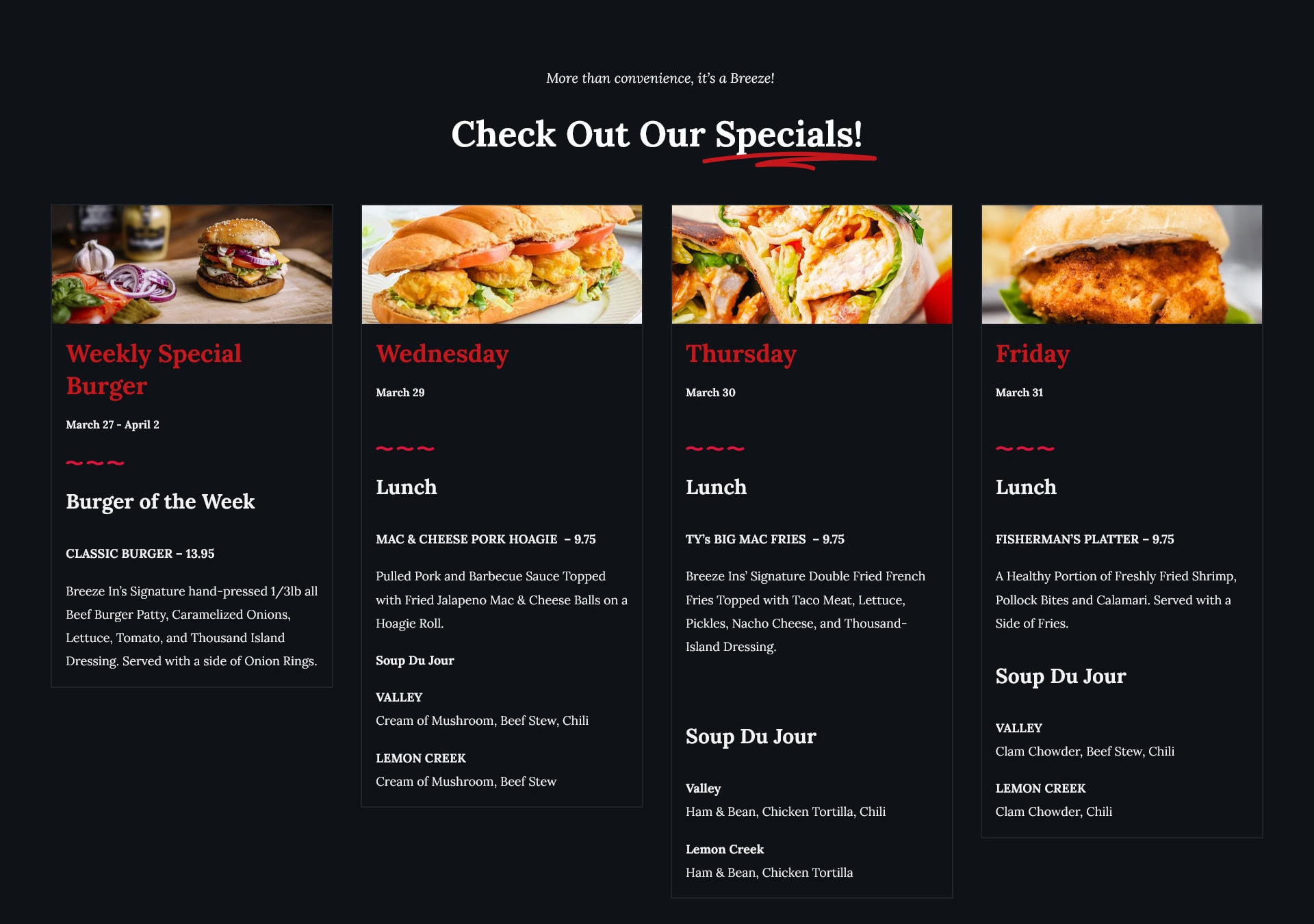 Vibrant images of burgers, sandwiches, and fries featured in weekly specials.