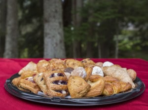 Tray of danishes, scones and powdered donut holes on a red tablecloth with tall trees behind.