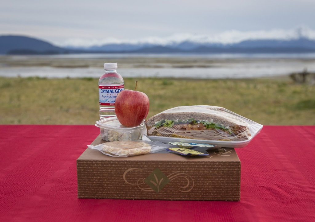 Boxed lunch with a wrapped sandwich, red apple, bottled water and a side on a red table by the water.