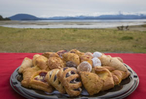 Tray of danishes, scones and powdered donut holes on a red table, grassy flats and mountains behind.