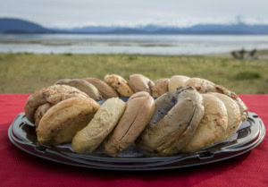 Tray of assorted bagels arranged in a ring on a red table, grass, water and mountains in the background.