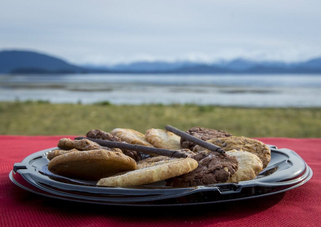 Tray of assorted cookies with chocolate rolls on a red table, grass, water and mountains behind.