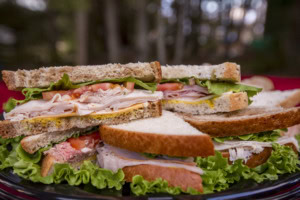 Close-up of turkey, cheese, tomato and lettuce sandwiches on wheat and white bread, trees blurred behind.