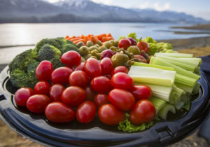 Vegetable tray with cherry tomatoes, broccoli, celery, carrots, olives and peppers, water and mountains behind.