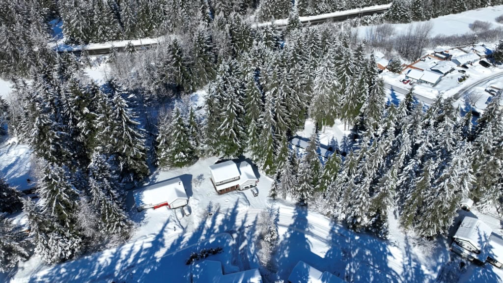 Looking down on snowy roofs and long tree shadows