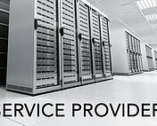 Rows of server racks in a bright data center, with 'INTERNET SERVICE PROVIDER' text overlay indicating network infrastructure.