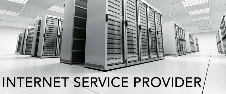 Rows of server racks in a bright data center, with 'INTERNET SERVICE PROVIDER' text overlay indicating network infrastructure.
