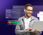 Man analyzing website performance metrics on a laptop screen.