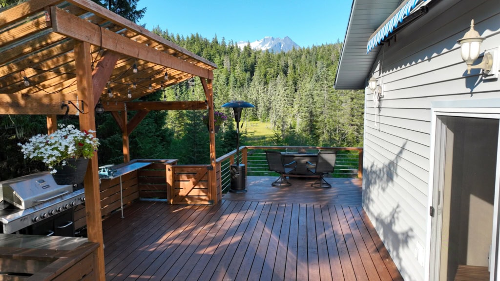 Overhead view of a house roof and deck