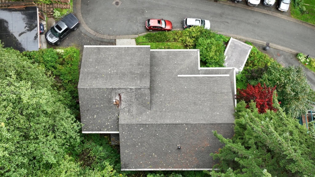 Overhead view of a house roof, driveway and gardens