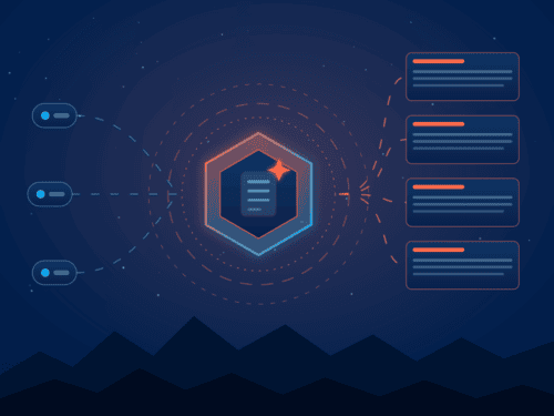 Futuristic digital illustration with hexagon and data flow elements.