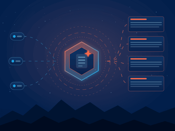 Futuristic digital illustration with hexagon and data flow elements.