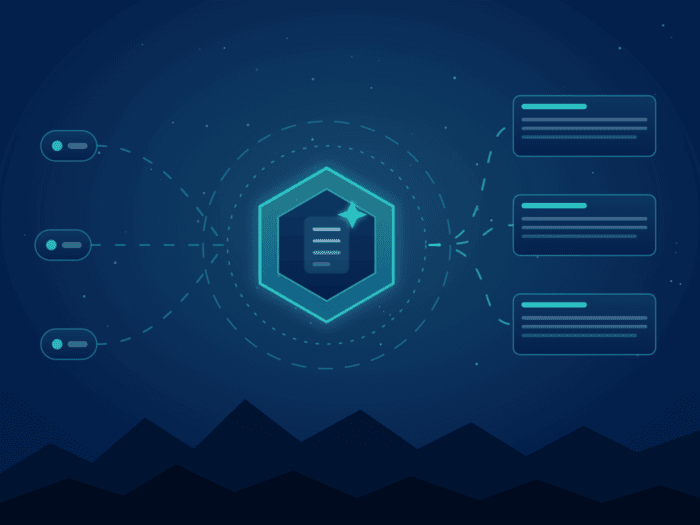 Futuristic digital data network with hexagon icon and data flow lines.