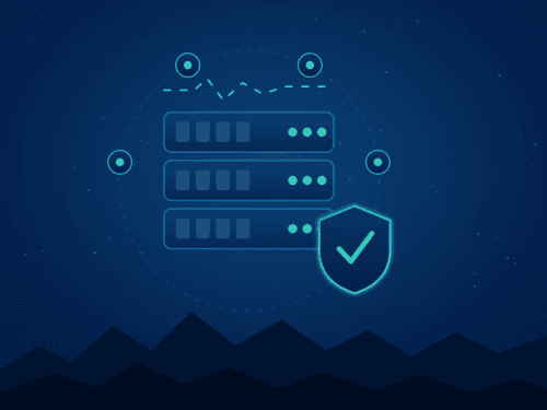 Digital data server with security shield and checkmark.