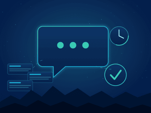 Neon digital chat bubble with clock and checkmark icons.
