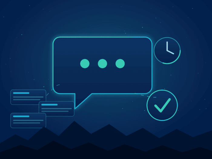 Neon digital chat bubble with clock and checkmark icons.