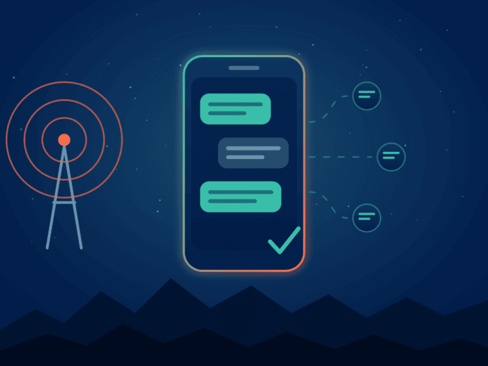 Smartphone with messaging app and signal transmission icons.