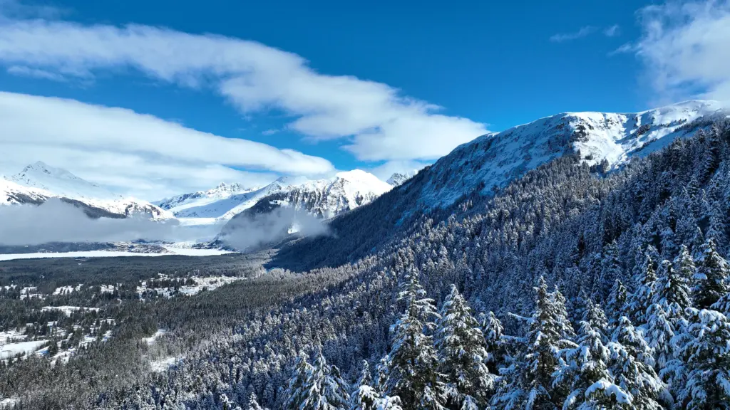 Snow-covered forested ridges with low cloud drifting through the valley below bright peaks