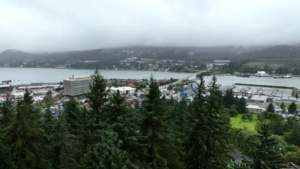 Low clouds over Douglas Island and the Juneau-Douglas bridge, with downtown Juneau and the harbor beyond tall spruce trees