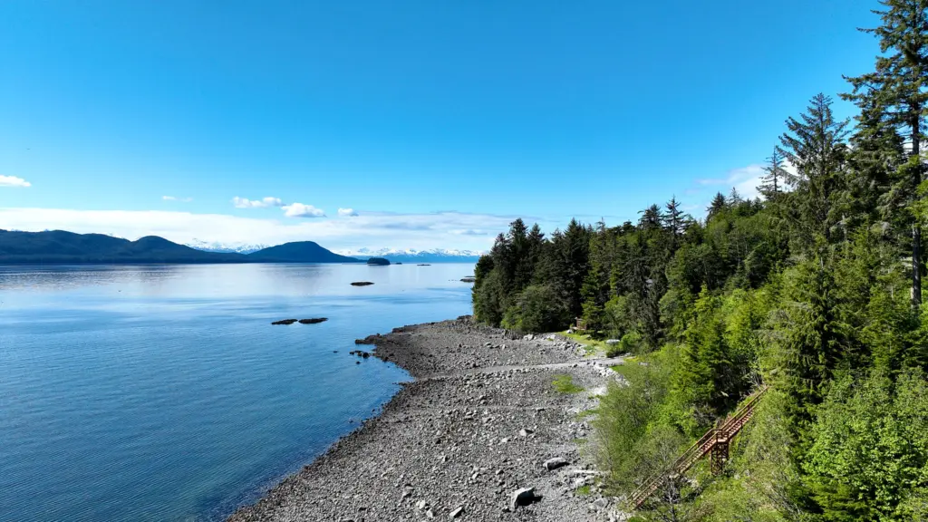 A wooden staircase descending through green forest to a wide rocky beach on a calm channel