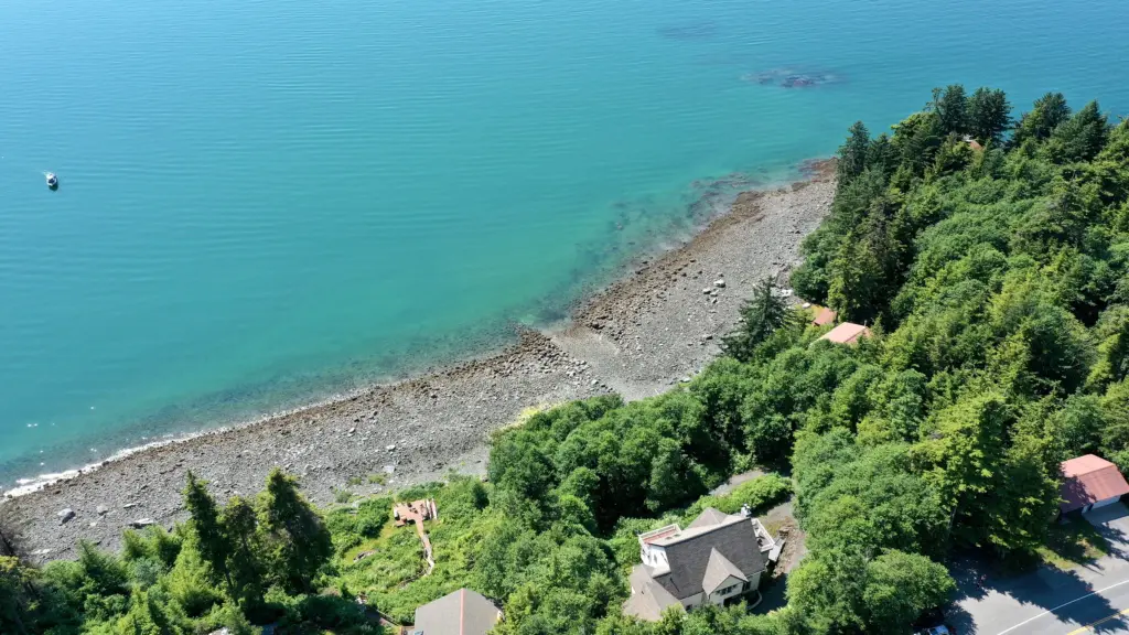 Aerial view along a rocky shoreline with turquoise water and forest
