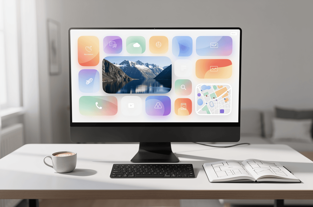 Computer monitor displaying colorful app icons and a map, on a clean desk setup.