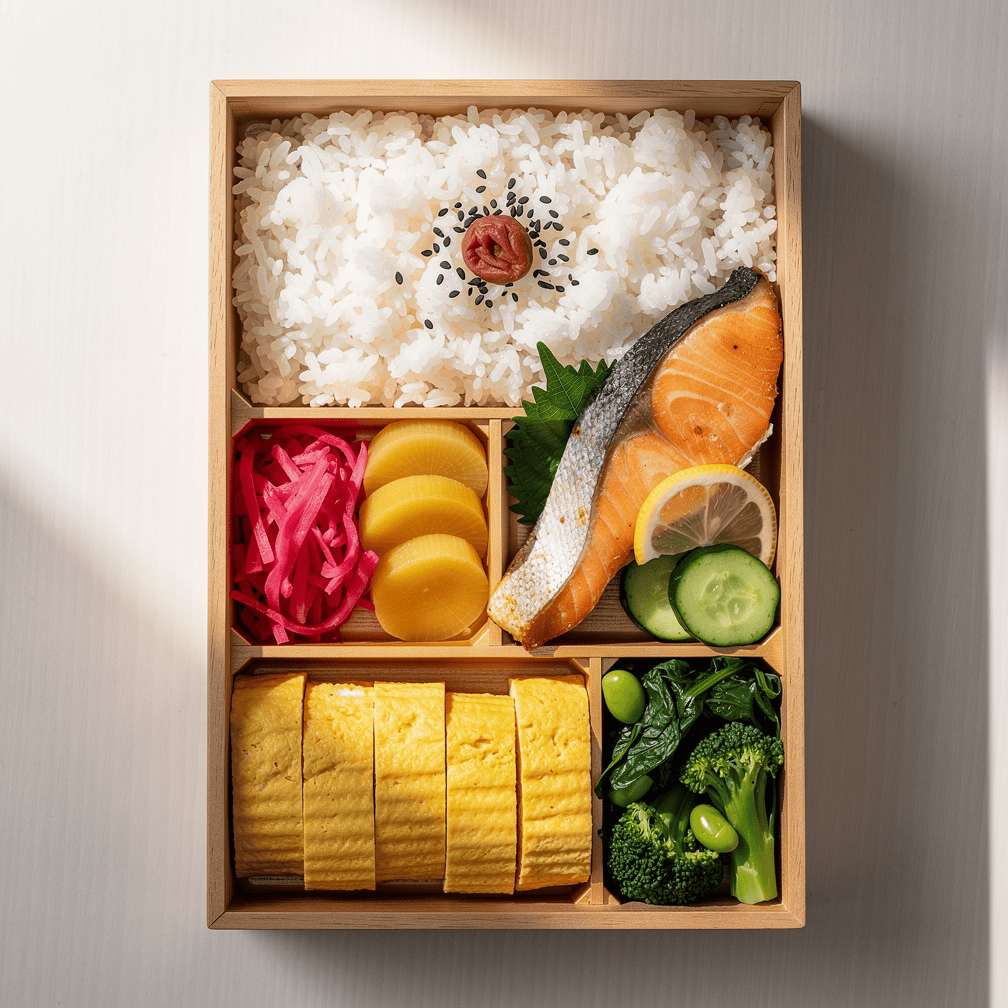 Overhead view of a Japanese bento box with food in separate compartments