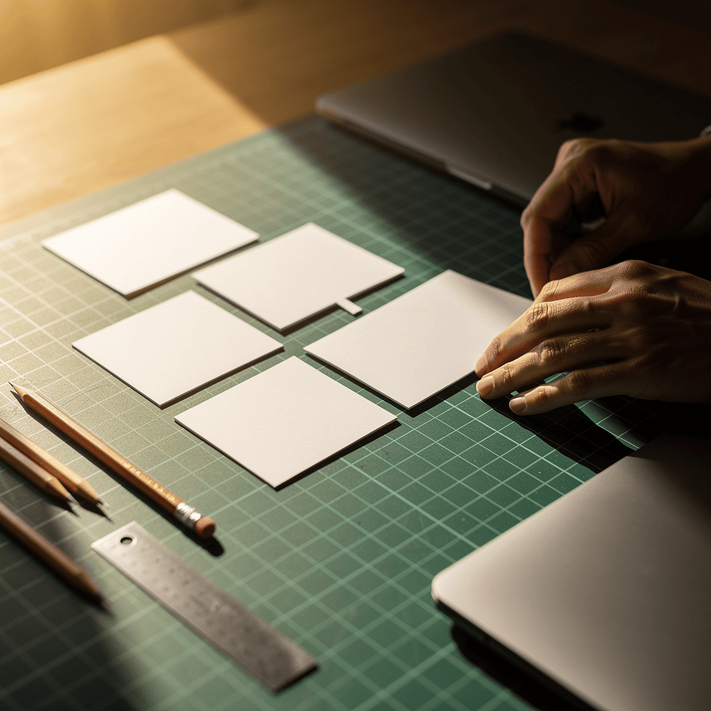 Designer arranging paper cards of different sizes into a grid layout on a cutting mat