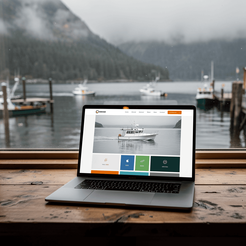 Laptop showing a tour-style website layout in front of a window overlooking an Alaskan harbor