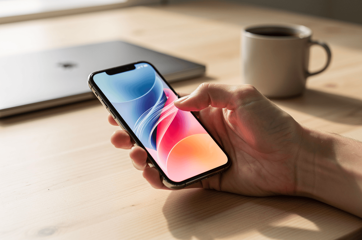 Close-up of hand holding smartphone with colorful screen on wooden desk.