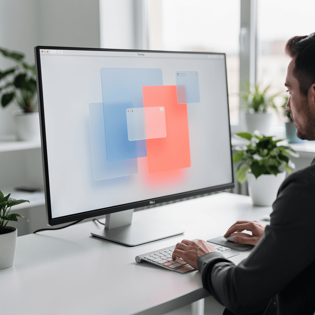 Designer scrolling through a layered parallax-style design on a large monitor
