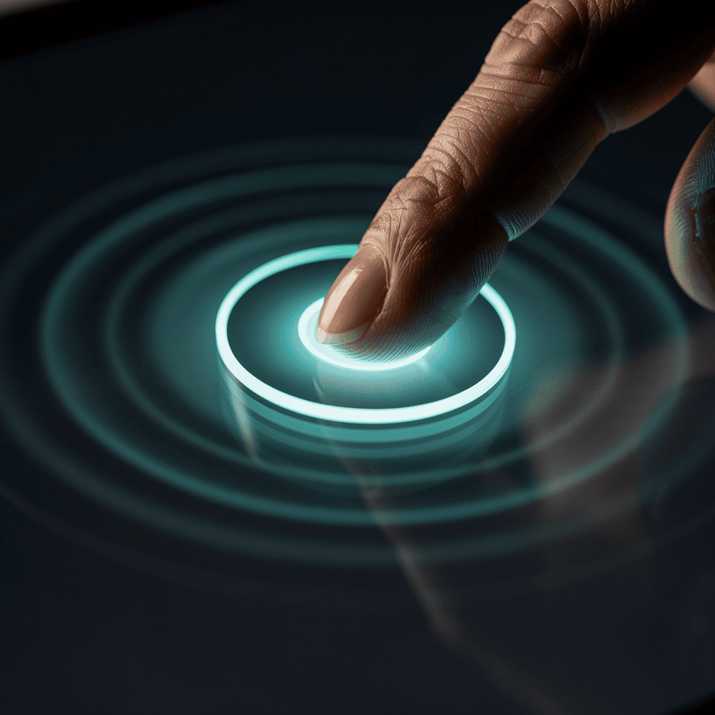 Finger tapping a tablet button that emits a glowing ripple effect