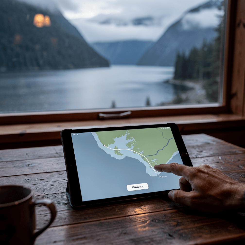 Tablet showing an animated route map with an Alaskan fjord in the background