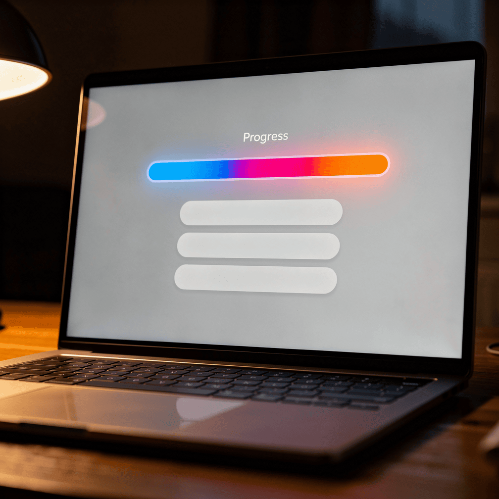 Laptop screen displaying a filling progress bar on a minimal form interface