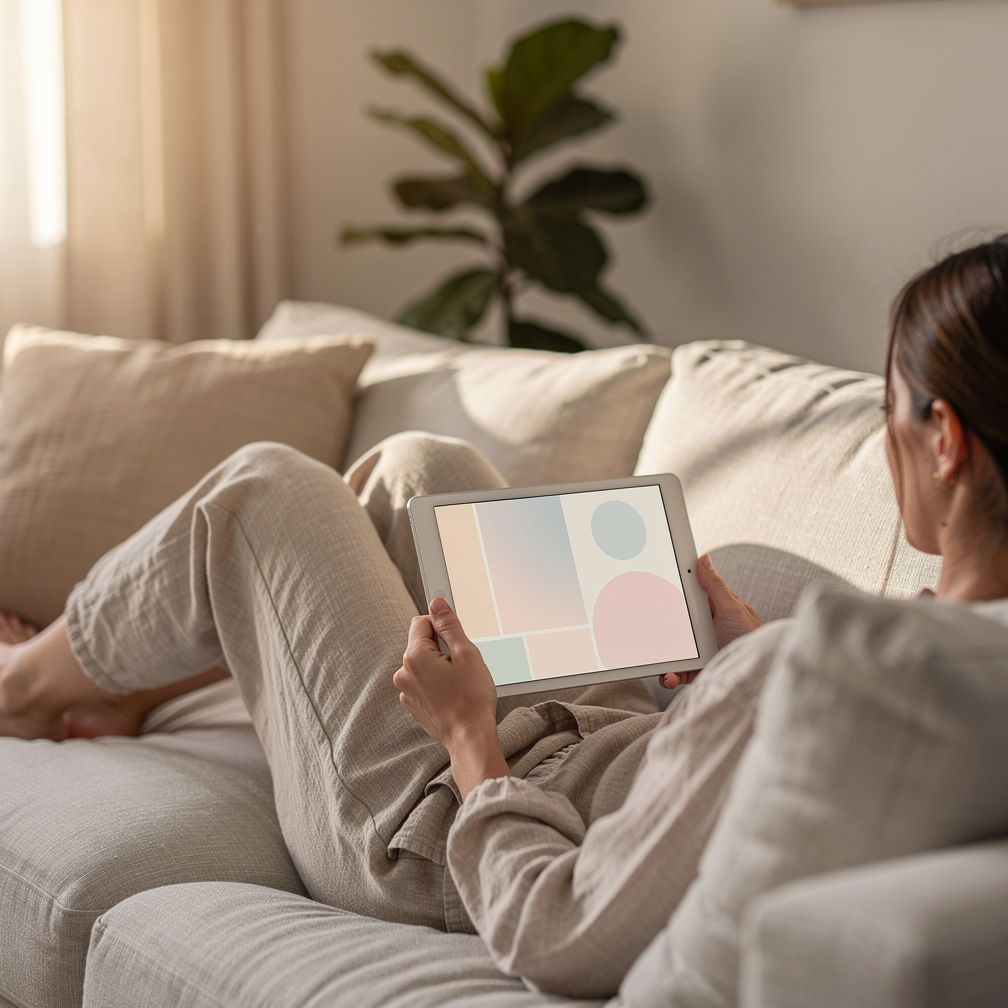 Person comfortably reading a calm, static tablet interface on a sofa