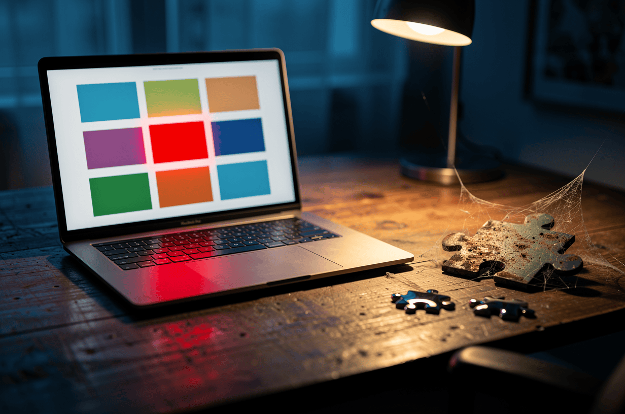 Laptop displaying colorful app icons on a wooden desk with a lamp and puzzle pieces.
