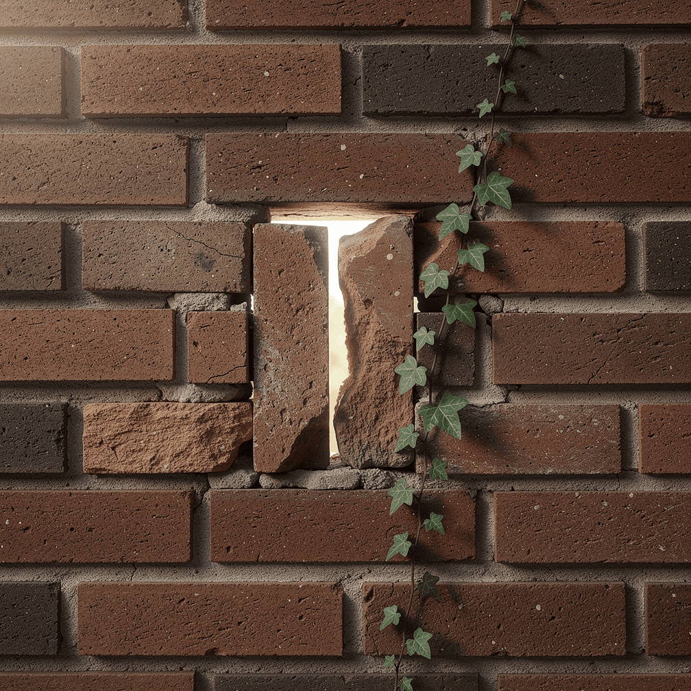 Strong brick wall with one crumbling, cracked old brick