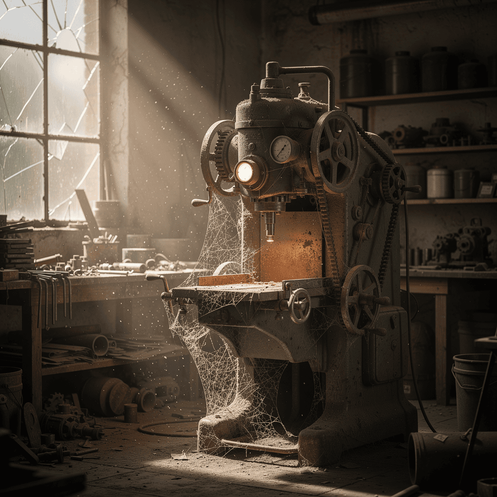 Dusty, forgotten machine still running in an abandoned workshop