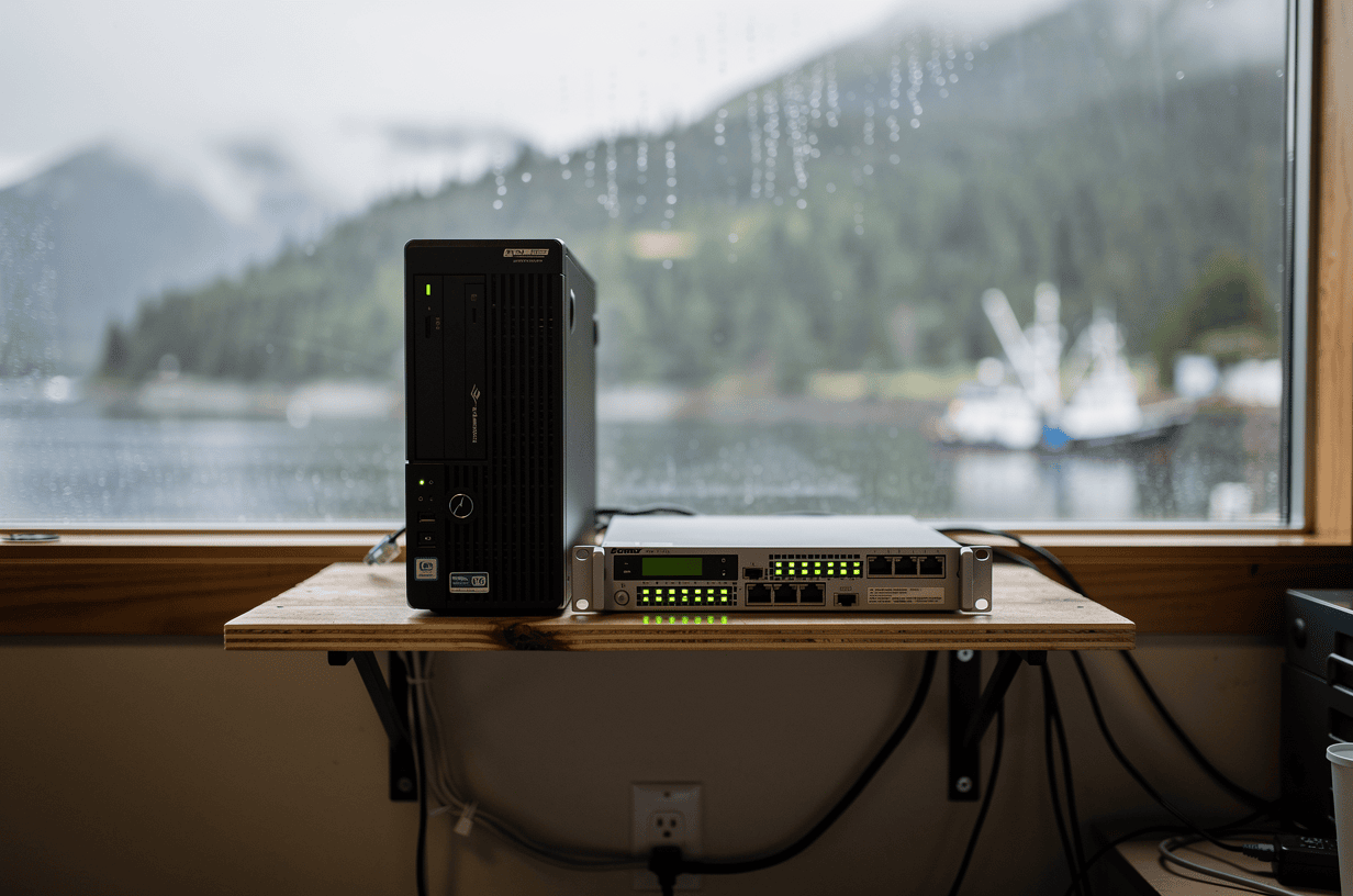 Server hardware setup on a wooden table with a scenic window view.