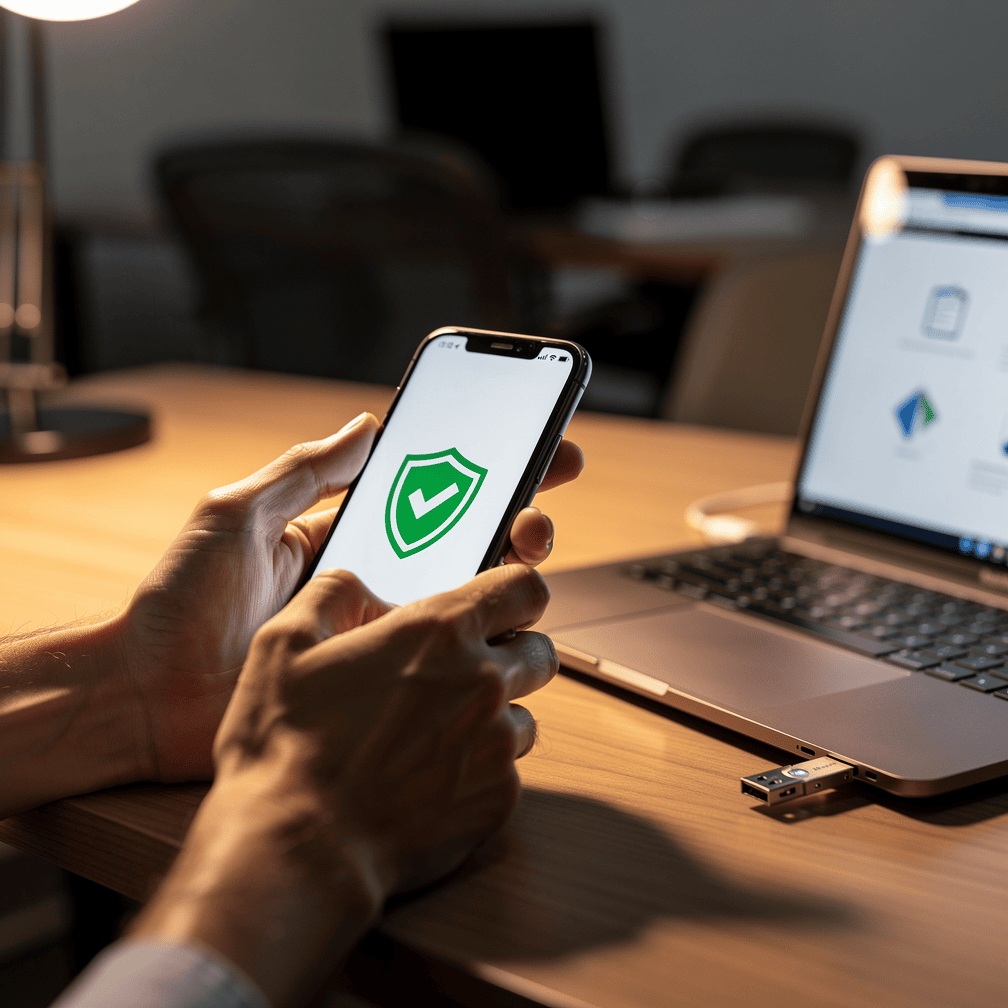 Hands using a phone and hardware security key for two-factor authentication at a desk