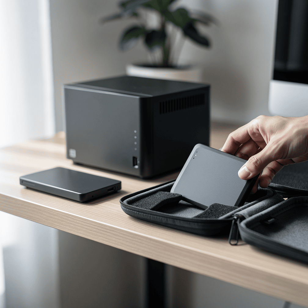 Person packing an external hard drive into a case for offsite backup