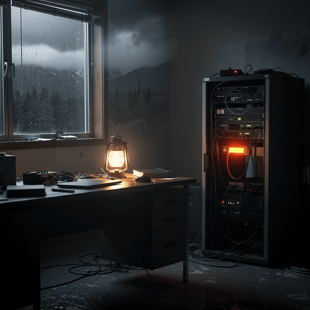 Office server sitting dark during a storm-related outage with only a battery backup light on