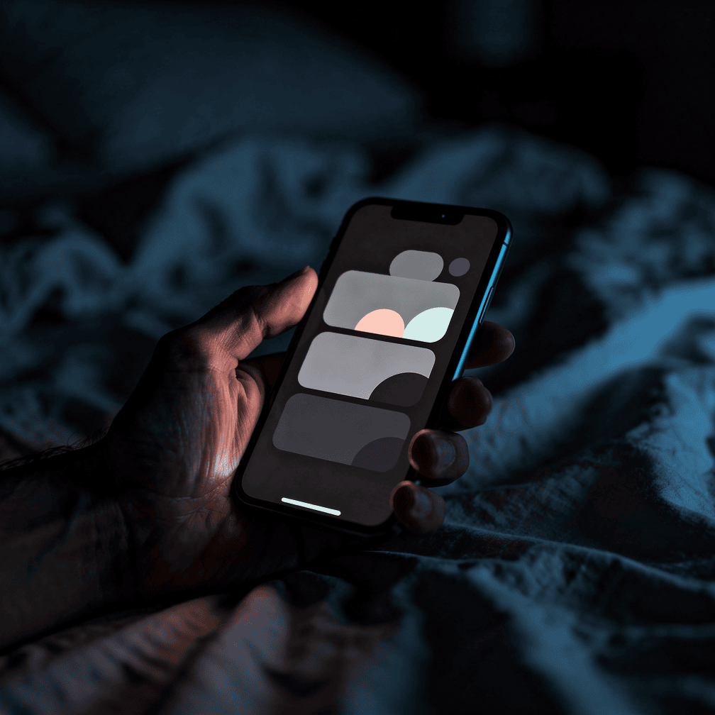 Hand holding a phone with a dark-mode screen glowing in a dim bedroom at night