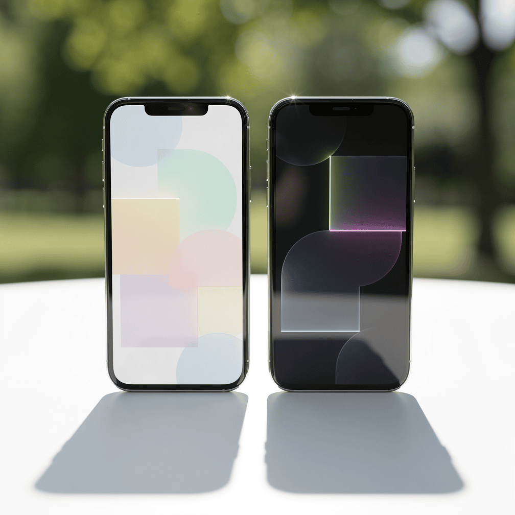Two phones compared in bright sunlight, one with a light screen and one with a dark screen showing glare