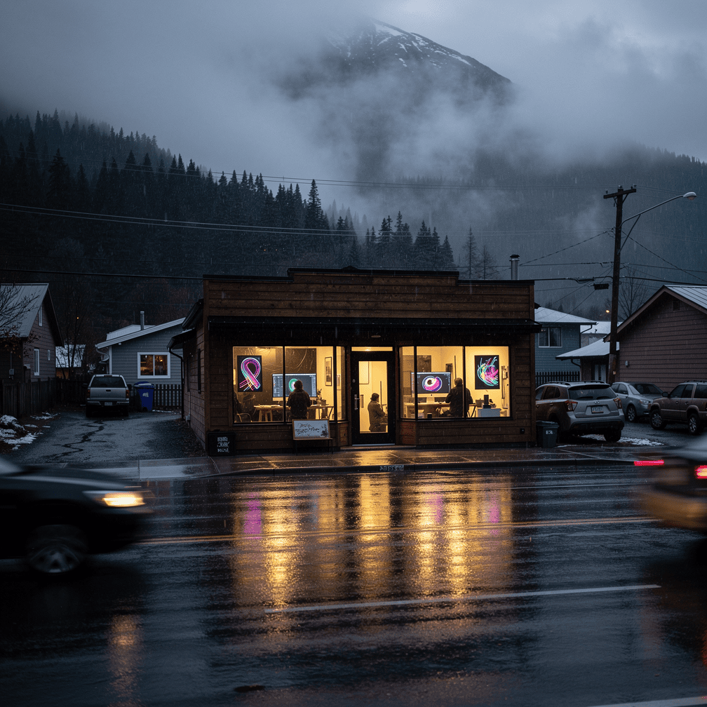 Cozy wooden design studio glowing warmly on a rainy winter afternoon in Juneau, Alaska