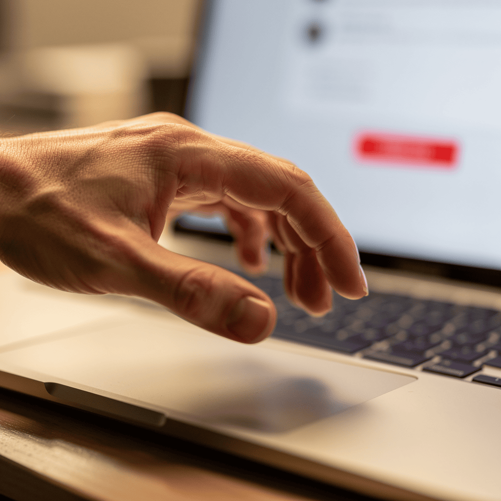 Hand hesitating over a laptop trackpad before clicking a suspicious email link