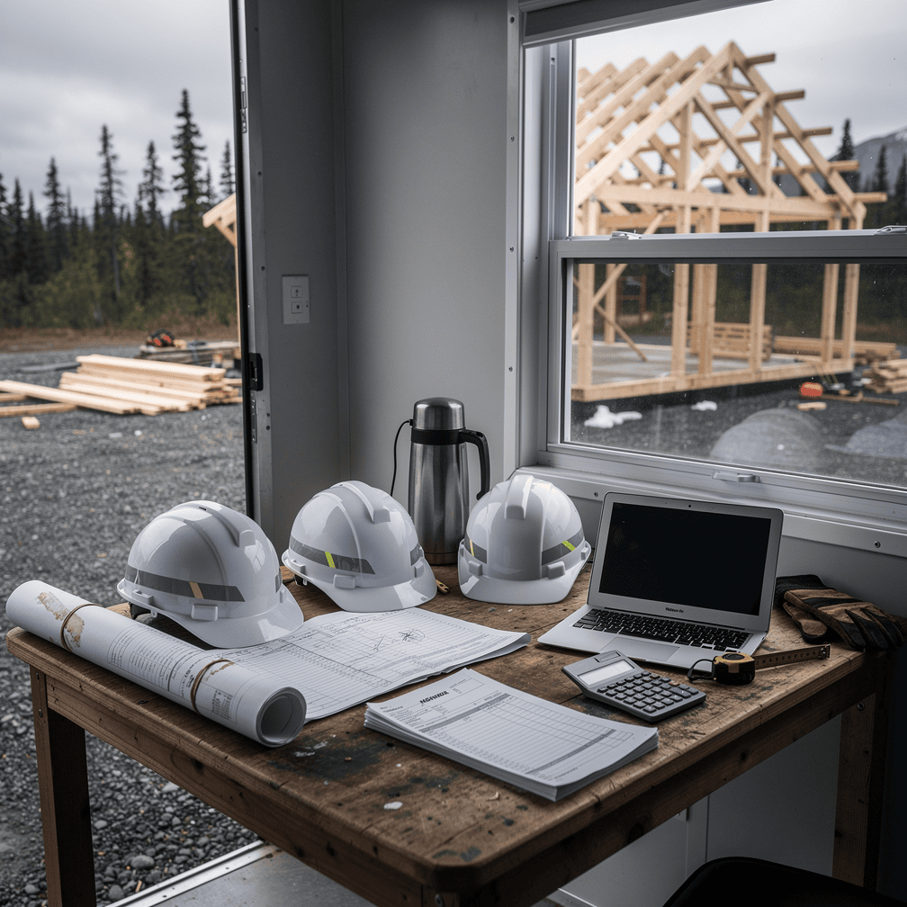 Construction office with invoices and a laptop where payment requests are handled