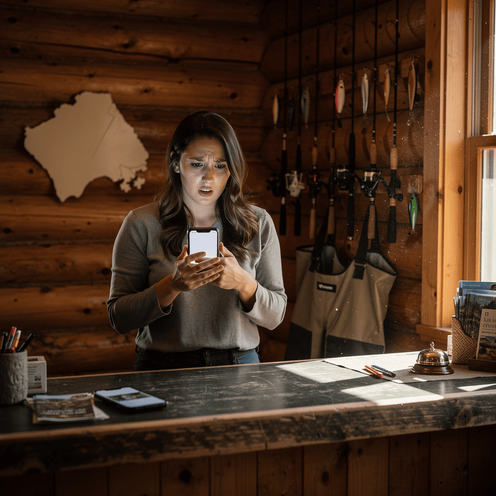 Lodge employee answering a suspicious phone call with a wary expression